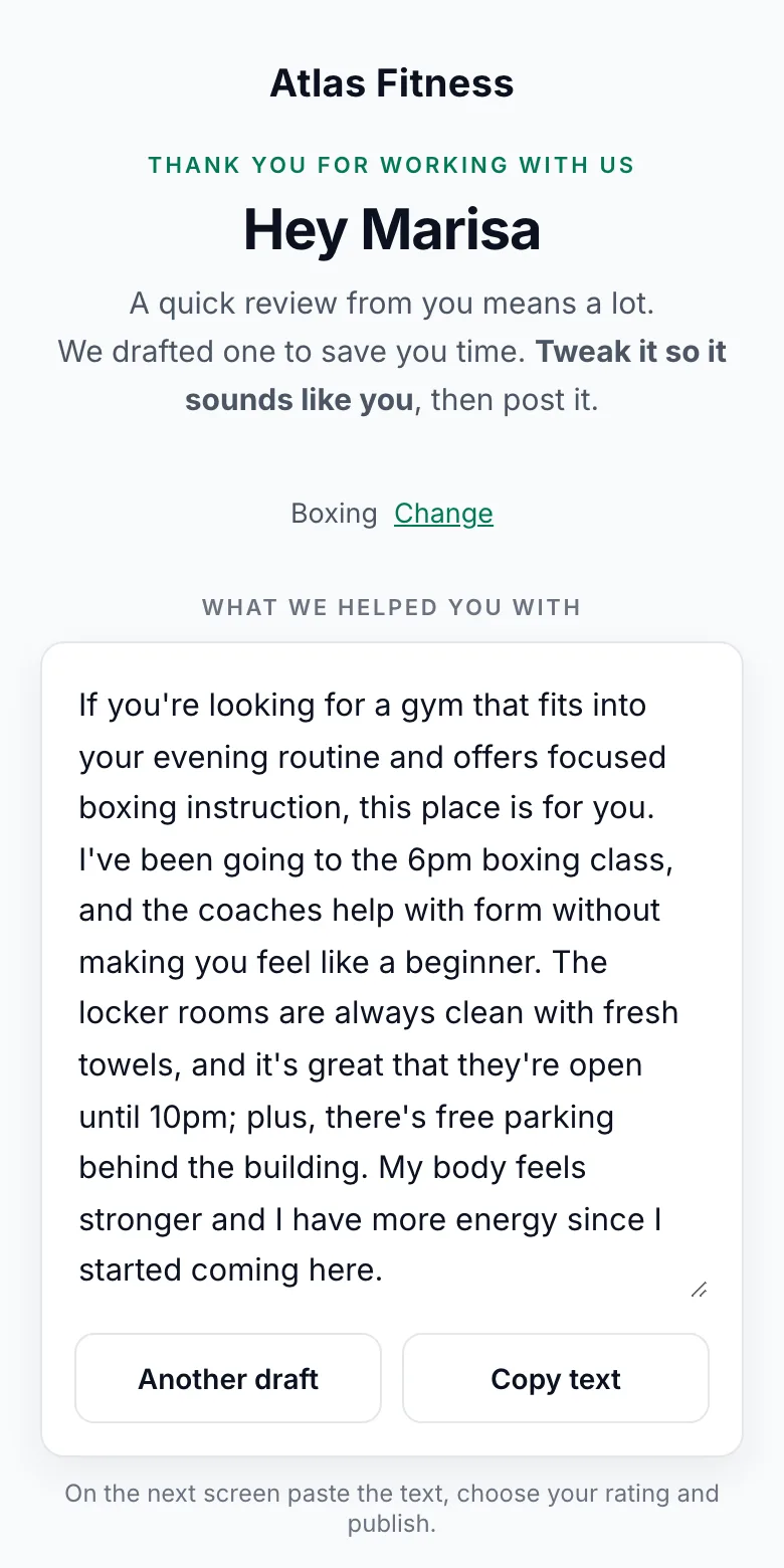The draft screen: a starting draft about evening boxing classes and a named coach sitting in an editable text box, with buttons reading Another draft and Copy text