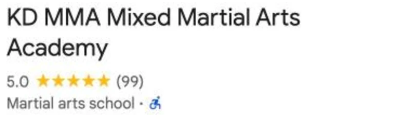 Google listing card for KD MMA Mixed Martial Arts Academy on 17 September 2026, showing 5.0 and 99 reviews