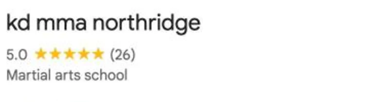 Google listing card for kd mma northridge on 17 September 2026, showing 5.0 and 26 reviews