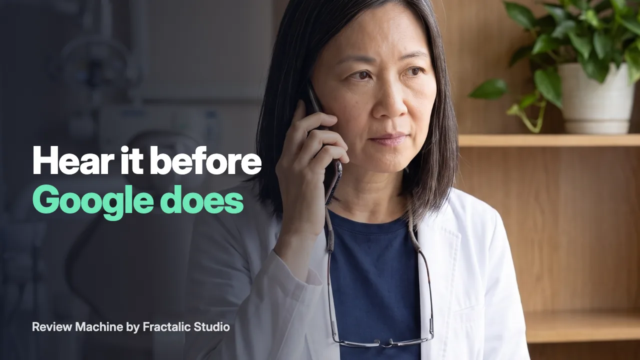Story cover with the words Hear it before Google does: a dentist on the phone with a patient.