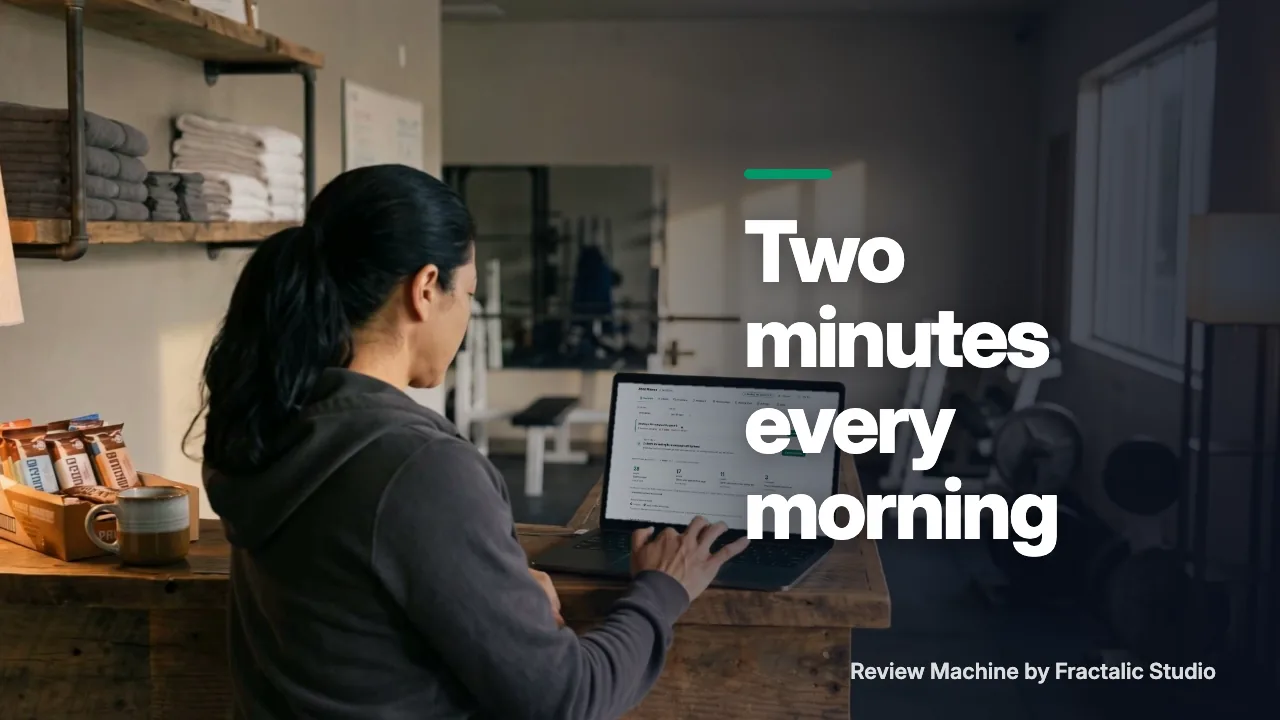 Story cover with the words Two minutes every morning: a gym owner checking the Overview screen on her laptop.