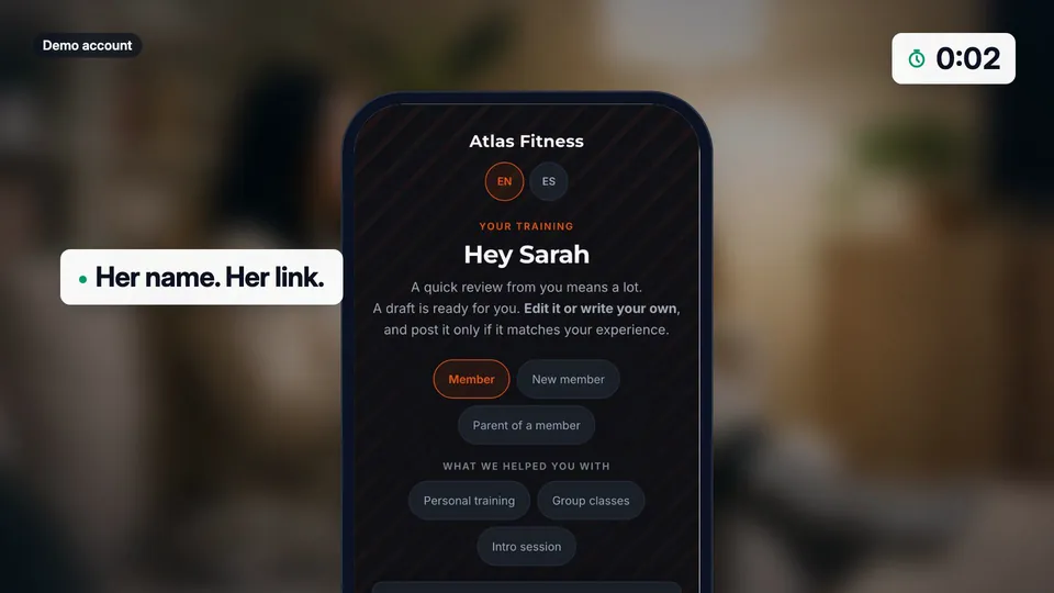 The Atlas Fitness review page on a phone, greeting the customer with Hey Sarah and a draft ready for her.