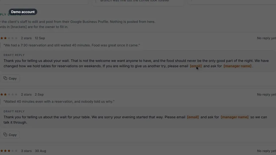 Draft replies to low-star reviews that have no reply yet, with bracketed details for the team to fill in.