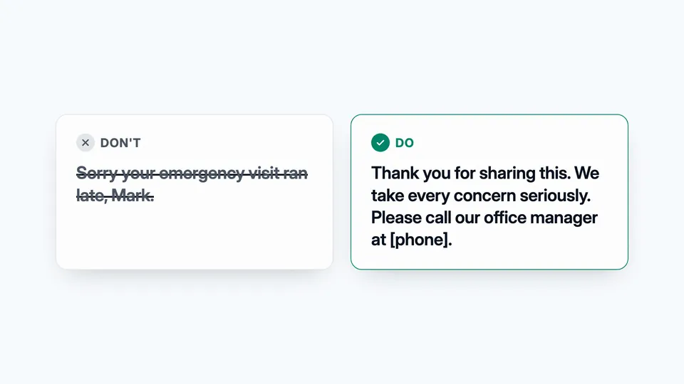 A public reply example: the Don't version names the visit and the patient, the Do version thanks them and invites them to call the office manager.