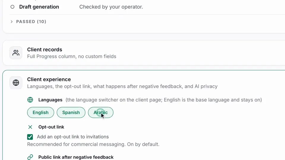 Client experience in Settings, with the languages English, Spanish and Arabic switched on.